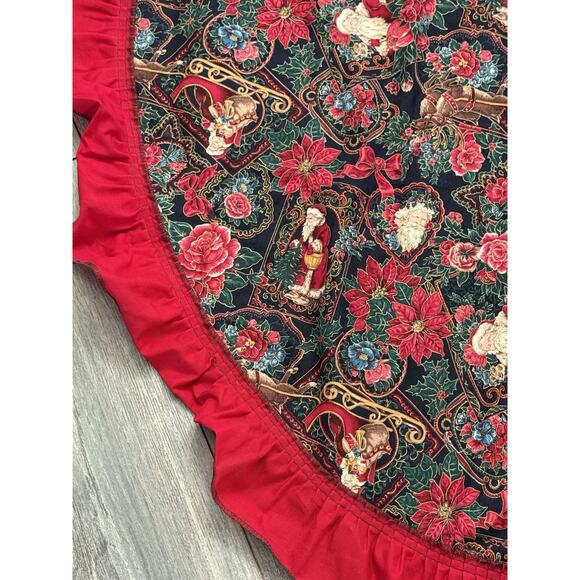 Vintage Christmas Skirt Tablecloth Round Ruffle Cotton 45” Red Print Victorian - Picture 3 of 7